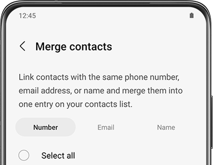 Merge contacts screen with a list of category tabs