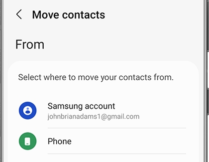 A list of options to move contacts from on a Galaxy phone
