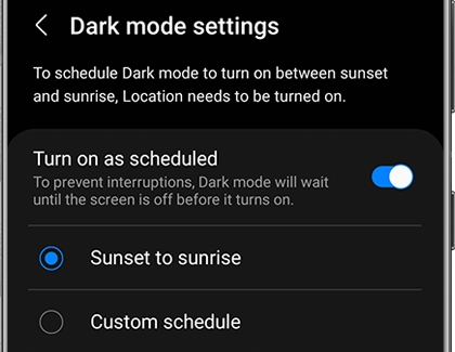 Sunset to sunrise chosen under Dark mode settings
