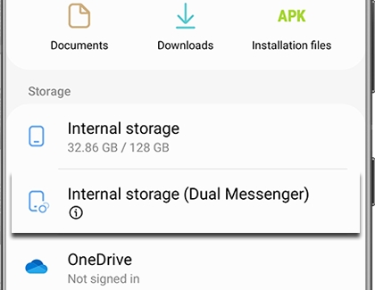Internal storage (Dual Messenger) highlighted in the My Files app