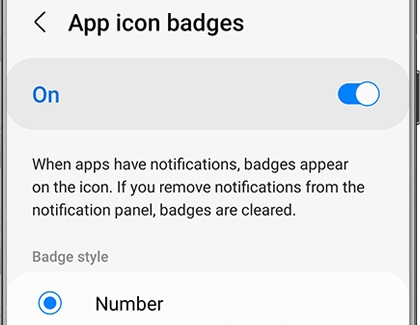 App icon badges switched on with Number chosen on a Galaxy phone