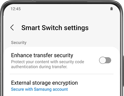 A list of Smart Switch settings on a Galaxy phone