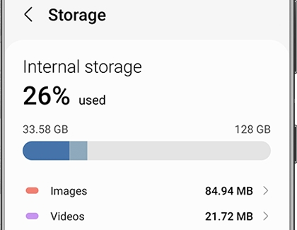 List of information about Storage on a Galaxy phone