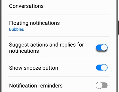 Switch highlighted next to Suggest actions and replies for notifications