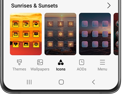 Galaxy Themes page with Icons tab selected