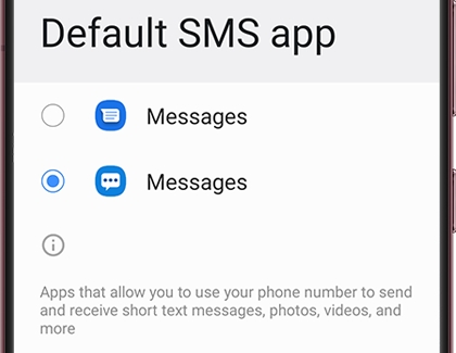 Samsung Messages selected under Default SMS app on a Galaxy phone