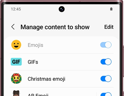 List of Emoji shortcuts with switches on a Galaxy phone