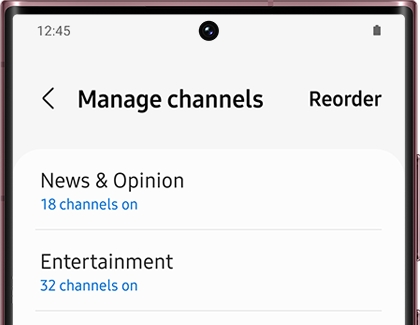 Manage channels screen with a list of categories