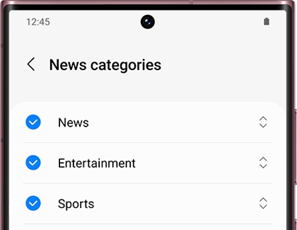 News categories screen with a list of categories and switches