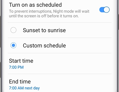 Custom schedule selected for Dark mode