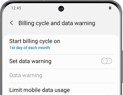 A list of Billing cycle and data warning settings on a Galaxy phone