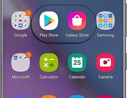 Google folder, Play Store, Galaxy Store, and Samsung folder displayed on a Galaxy phone