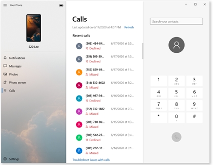 A list of calls in the Your phone app on a PC