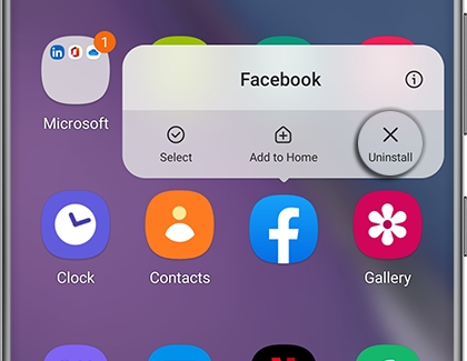 Uninstall option highlighted above an app on a Galaxy phone