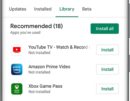 The Library tab in Play Store with a list of apps on a Galaxy phone