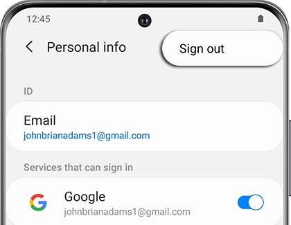 Sign out highlighted next to Personal info on a Galaxy phone