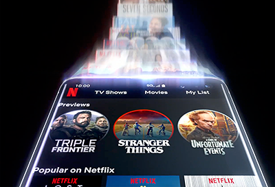 The Netflix app displayed on an S20 with a selection of shows