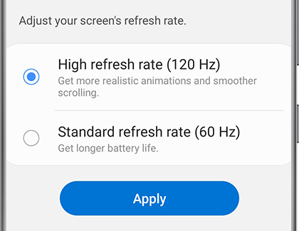 Motion smoothness settings with options for High refresh rate and Standard refresh rate