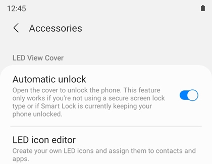 Samsung phone displaying LED View Cover accessory settings.