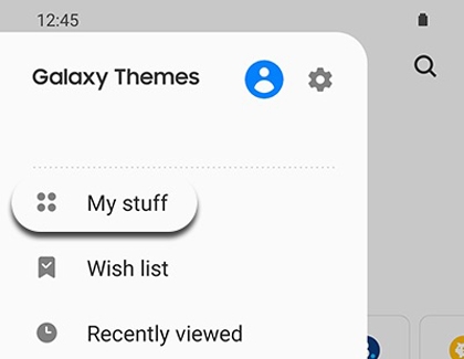 Displaying the Galaxy Themes menu with My stuff, Wish list, and Recently viewed options.