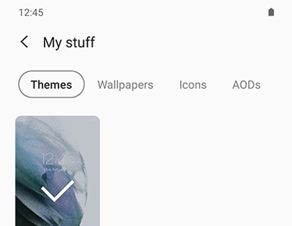 Displaying the My stuff section in Galaxy Themes with the Themes tab selected and one theme applied.