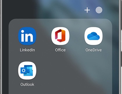 Galaxy phone displaying Microsoft apps such as LinkedIn, Office, OneDrive, and Outlook