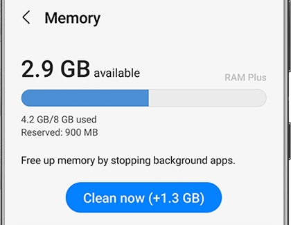 List of information about Memory usage with Clean now option