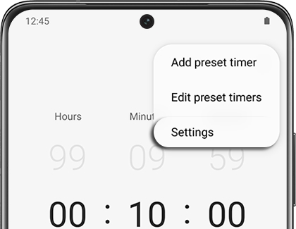 Settings highlighted in the Clock app