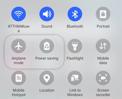 Airplane mode and Power saving mode highlighted in Quick Settings Panel