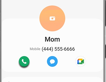 Call icon highlighted under a contact listing with a Galaxy phone
