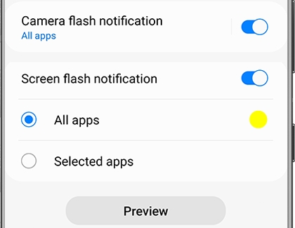 Flash notification switched on with a Galaxy phone