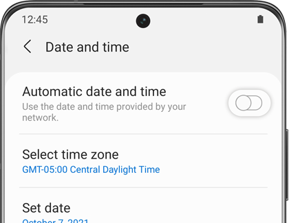 Automatic date and time toggle OFF highlighted