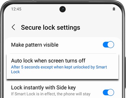 Auto lock when screen turns off highlighted on a Galaxy phone