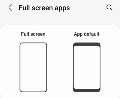 Full screen apps settings screen displaying options for adjusting app display modes, with choices for Full screen and App default