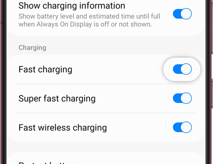 Switch next to Fast charging highlighted on a Galaxy phone