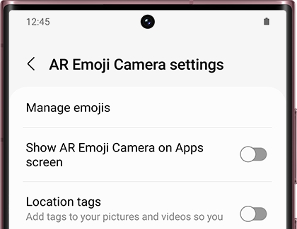 AR Emoji Camera settings with a list of options including Manage emojis