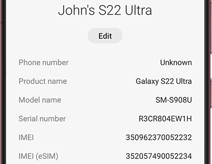 About phone screen displaying information about Galaxy S22 Ultra