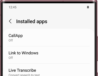 A list of Installed apps on a Galaxy phone