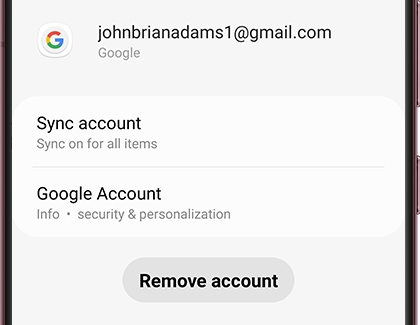 Remove account option highlighted under Google on a Galaxy phone