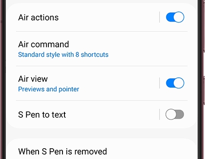 A list of S Pen settings on a Galaxy phone
