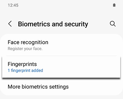 Fingerprints highlighted in Biometrics and security settings on a Galaxy phone.