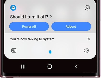 Bixby asking "Should I turn it off?" with Power off and Reboot buttons displayed