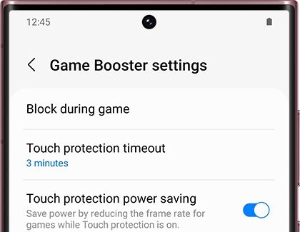 A list of Game Booster settings on a Galaxy phone