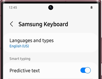 List of Samsung Keyboard settings on a Galaxy phone