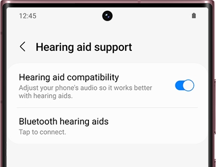 List of Hearing aid support settings on a Galaxy phone