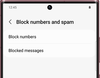 Block numbers and Blocked messages options under Blocked numbers and spam