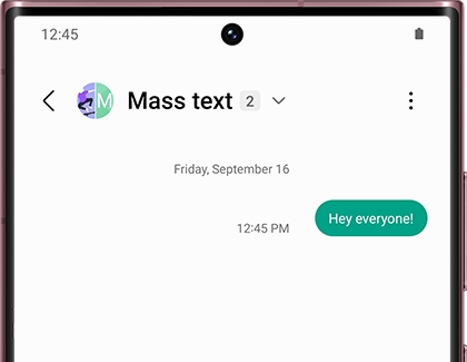 Mass text displaying "Hey everyone!" on a Galaxy phone