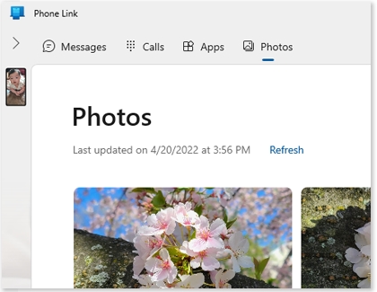 Photos tab selected in the Phone Link app
