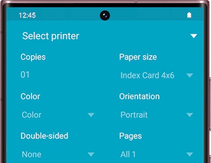 List of print settings on a Galaxy phone