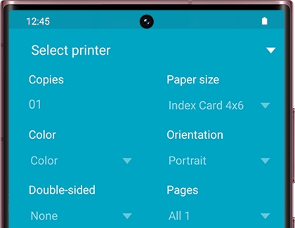 List of print settings on a Galaxy phone